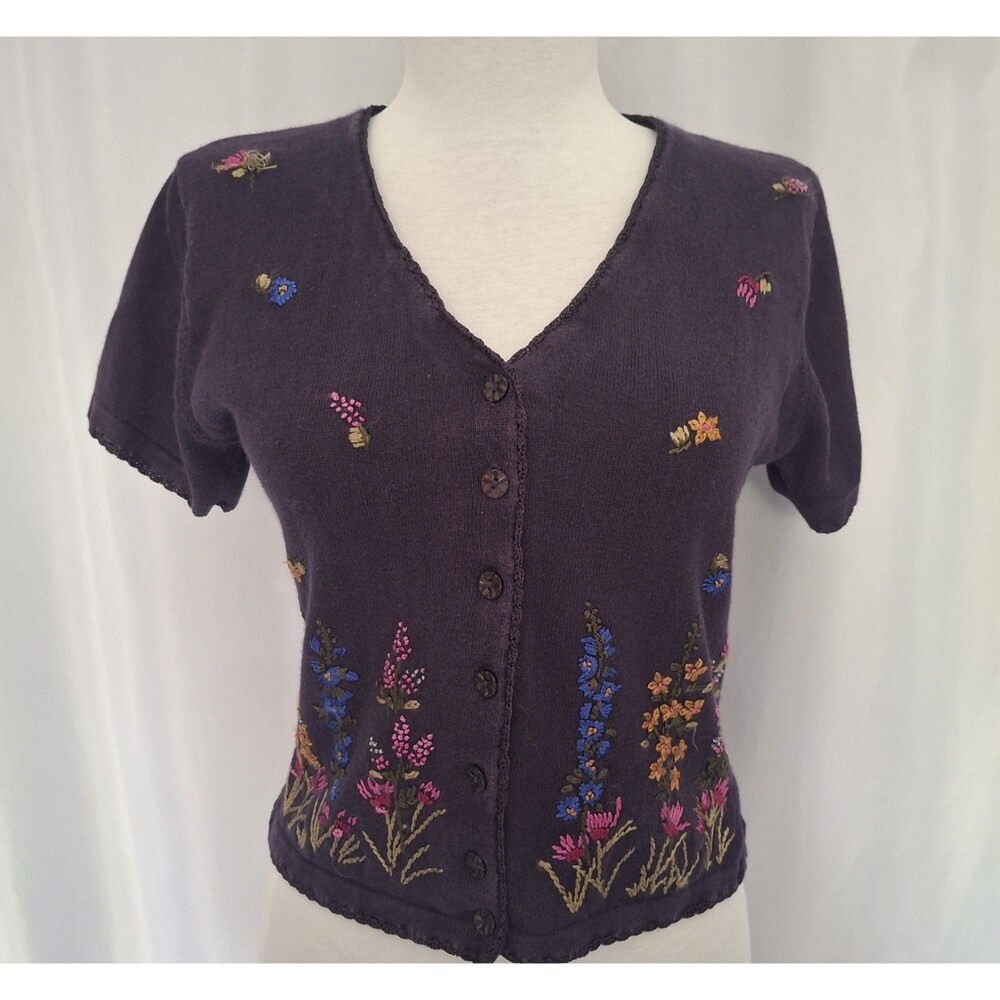 VTG 80's Purple  Cottagecore Embroidered Floral Button Up Crop Top Sz 6P